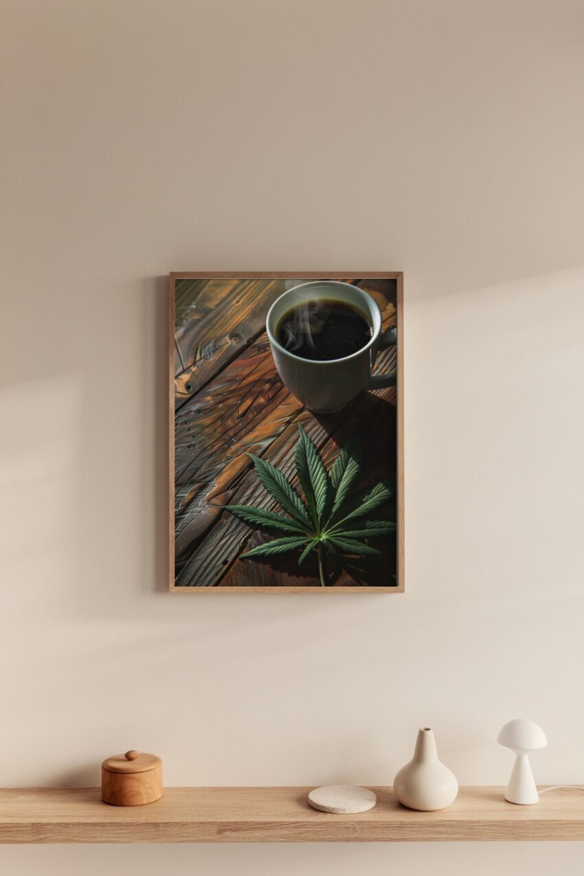 Fotografie Poster Cannabisblatt Kaffee grün braun dampfend