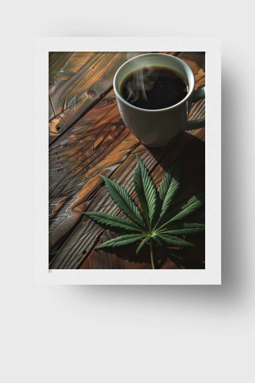 Fotografie Poster Cannabisblatt Kaffee grün braun dampfend
