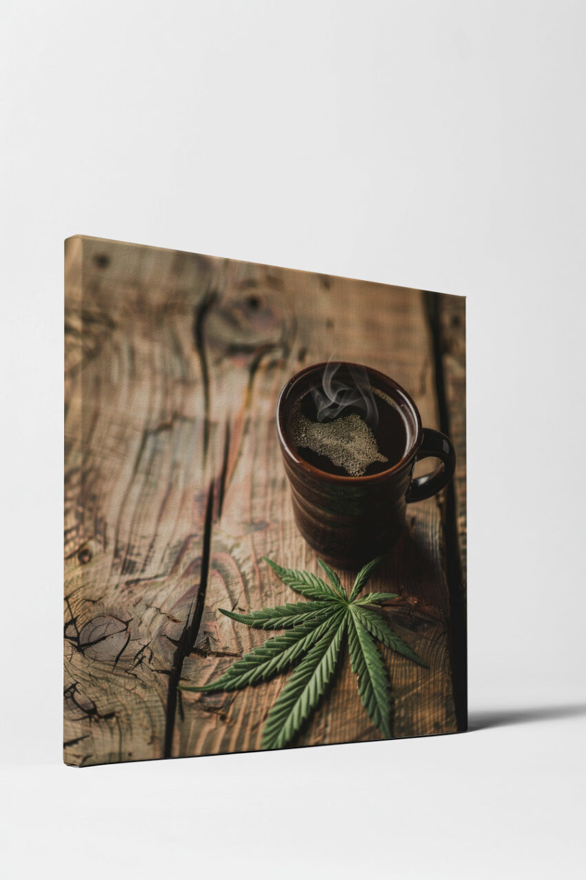 Fotografie Poster Kaffee Tasse dampfend Hanfblatt grün Holz