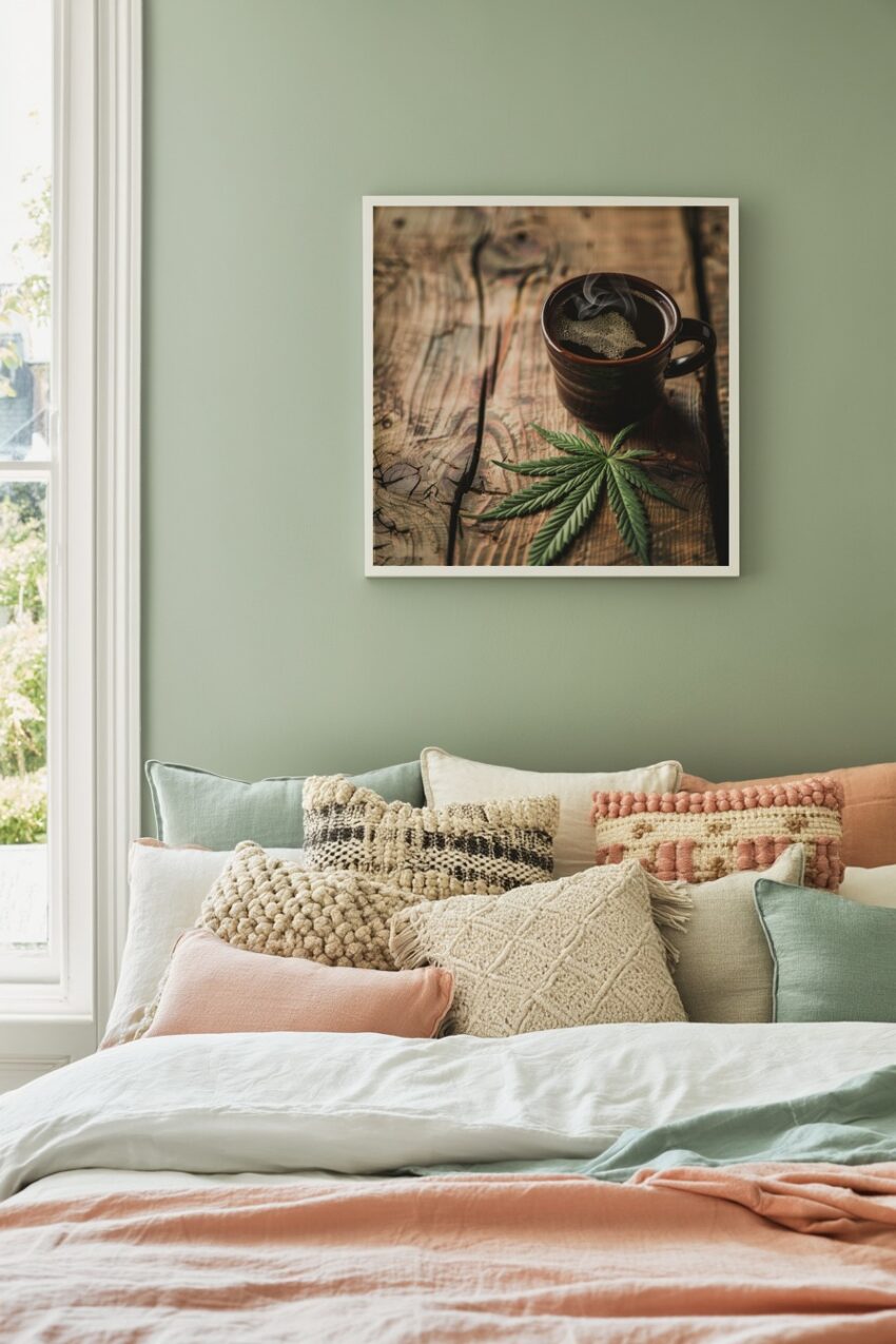 Fotografie Poster Kaffee Tasse dampfend Hanfblatt grün Holz