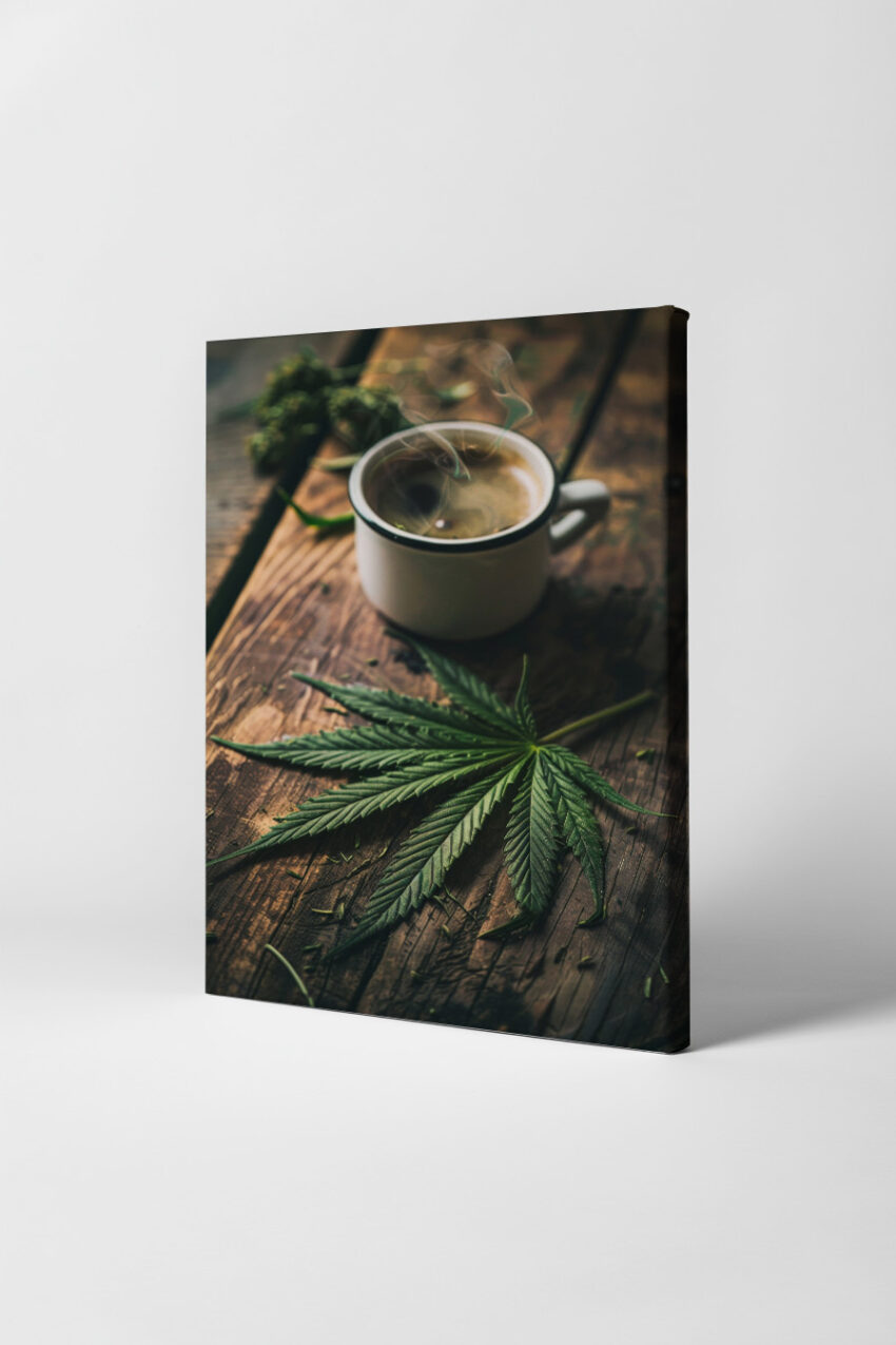 Fotografie Poster Hanftblatt grün dampfende Tasse braun