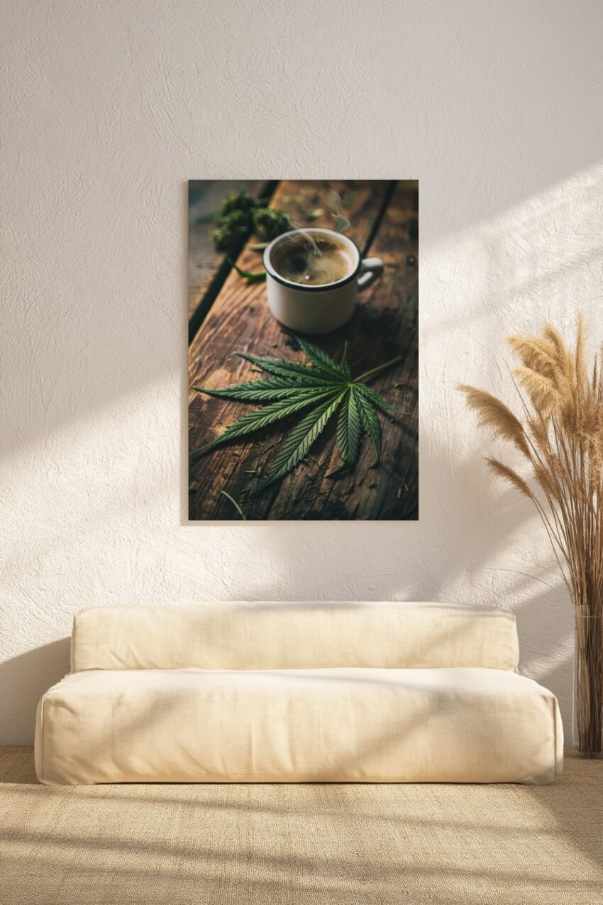 Fotografie Poster Hanftblatt grün dampfende Tasse braun