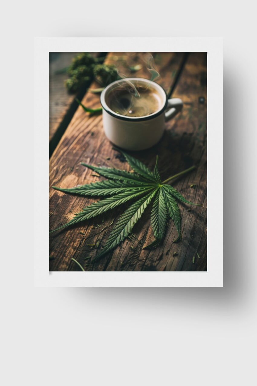 Fotografie Poster Hanftblatt grün dampfende Tasse braun