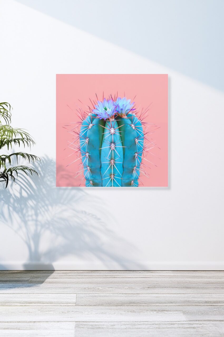 Fotografie Poster Kaktus blau spitz und Blüte rosa minimalistisch