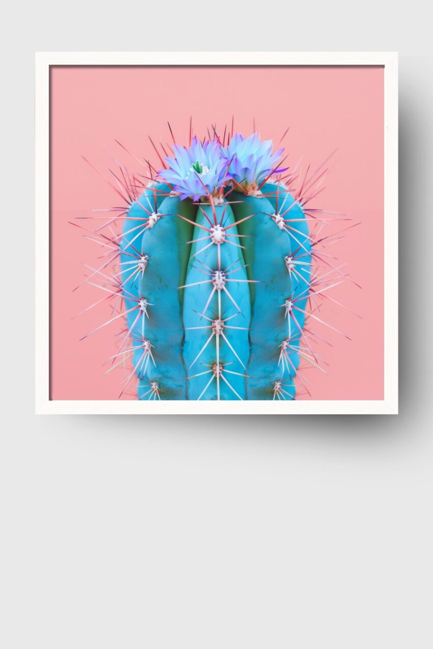 Fotografie Poster Kaktus blau spitz und Blüte rosa minimalistisch