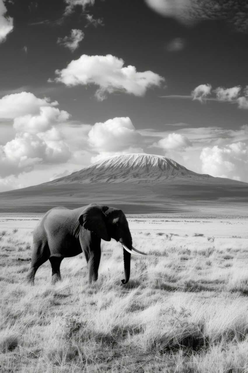 Fotografie Poster Elefant Vulkan schwarz-weiß ruhig