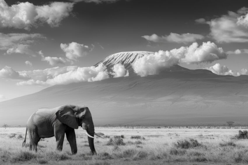 Fotografie Poster Elefant schwarz-weiß Graslandschaft