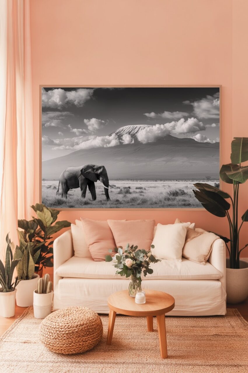 Fotografie Poster Elefant schwarz-weiß Graslandschaft