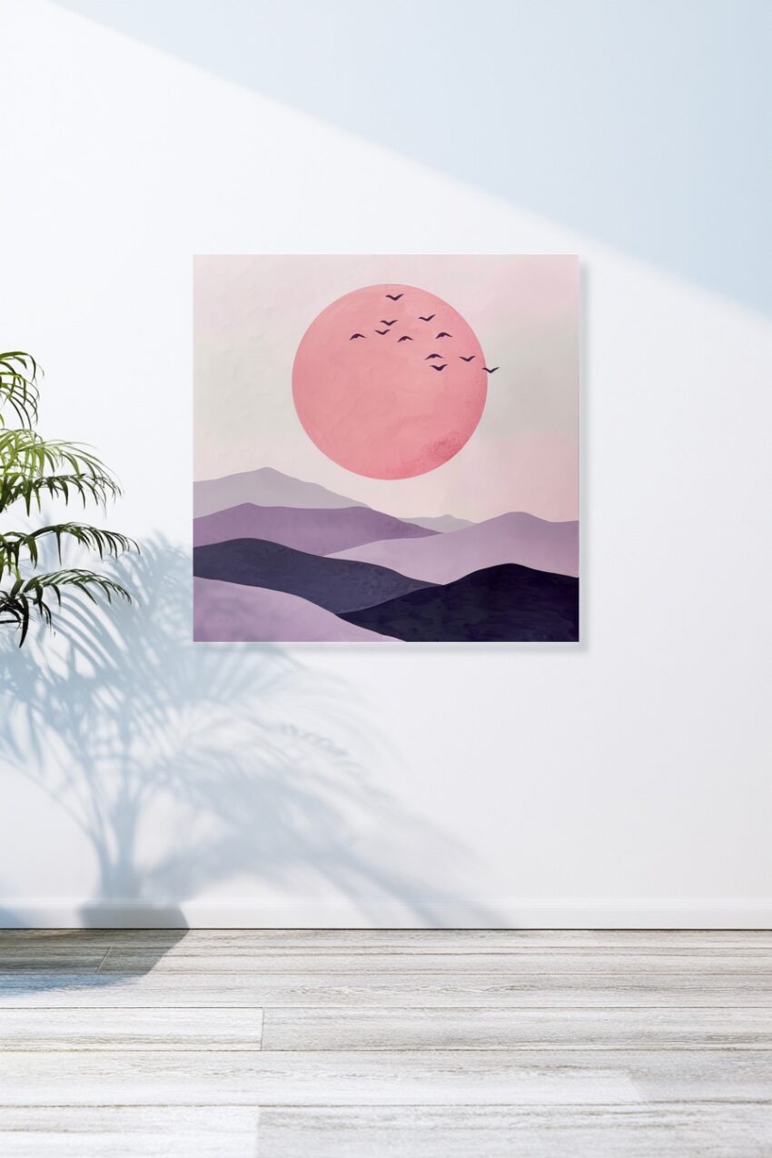 Digitale Kunst Poster Sonne Landschaft Vögel rosa lila