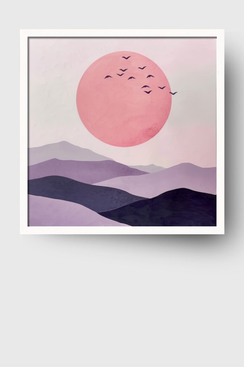 Digitale Kunst Poster Sonne Landschaft Vögel rosa lila