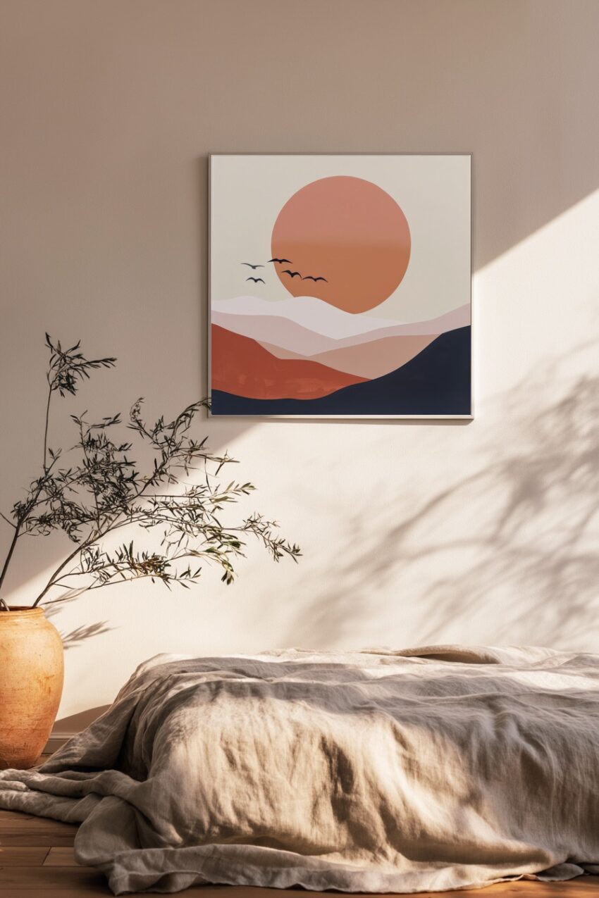 Abstrakt Poster Vogel Sonne Erdtöne minimalistisch