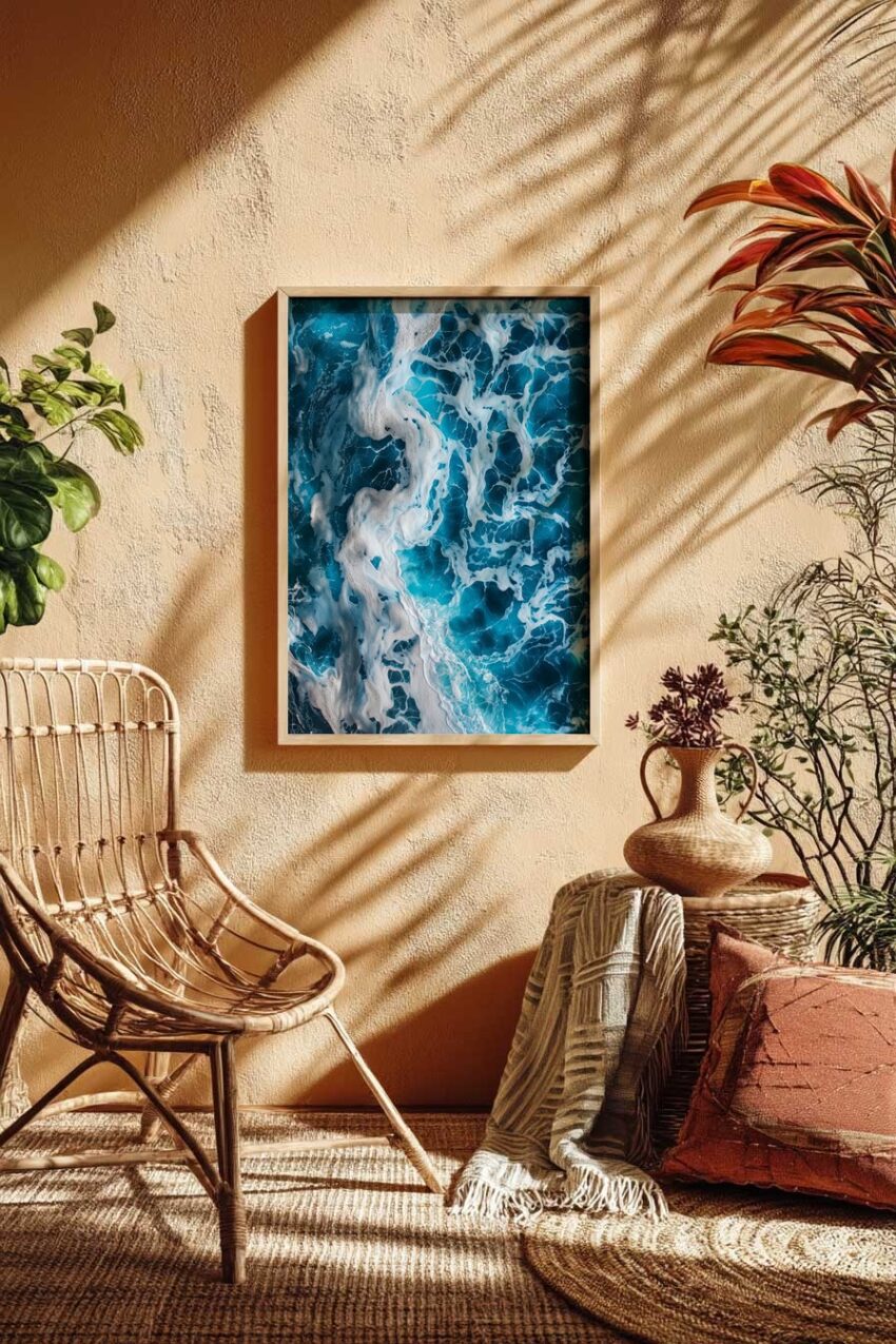 Fotografie Poster Wellen Schaum Blau Weiß