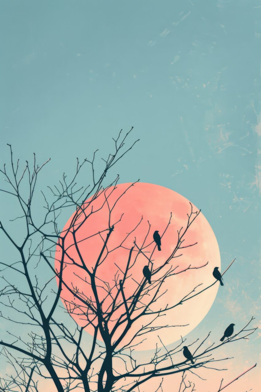 Fotografie Poster Vögel Zweige Vollmond rot Abend