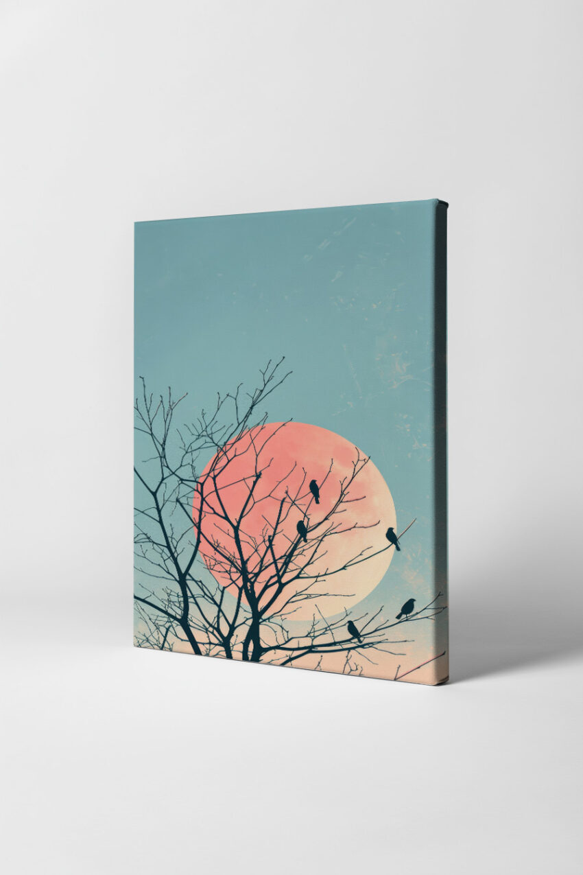 Fotografie Poster Vögel Zweige Vollmond rot Abend