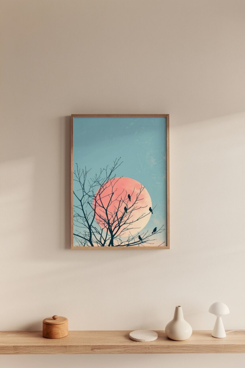 Fotografie Poster Vögel Zweige Vollmond rot Abend