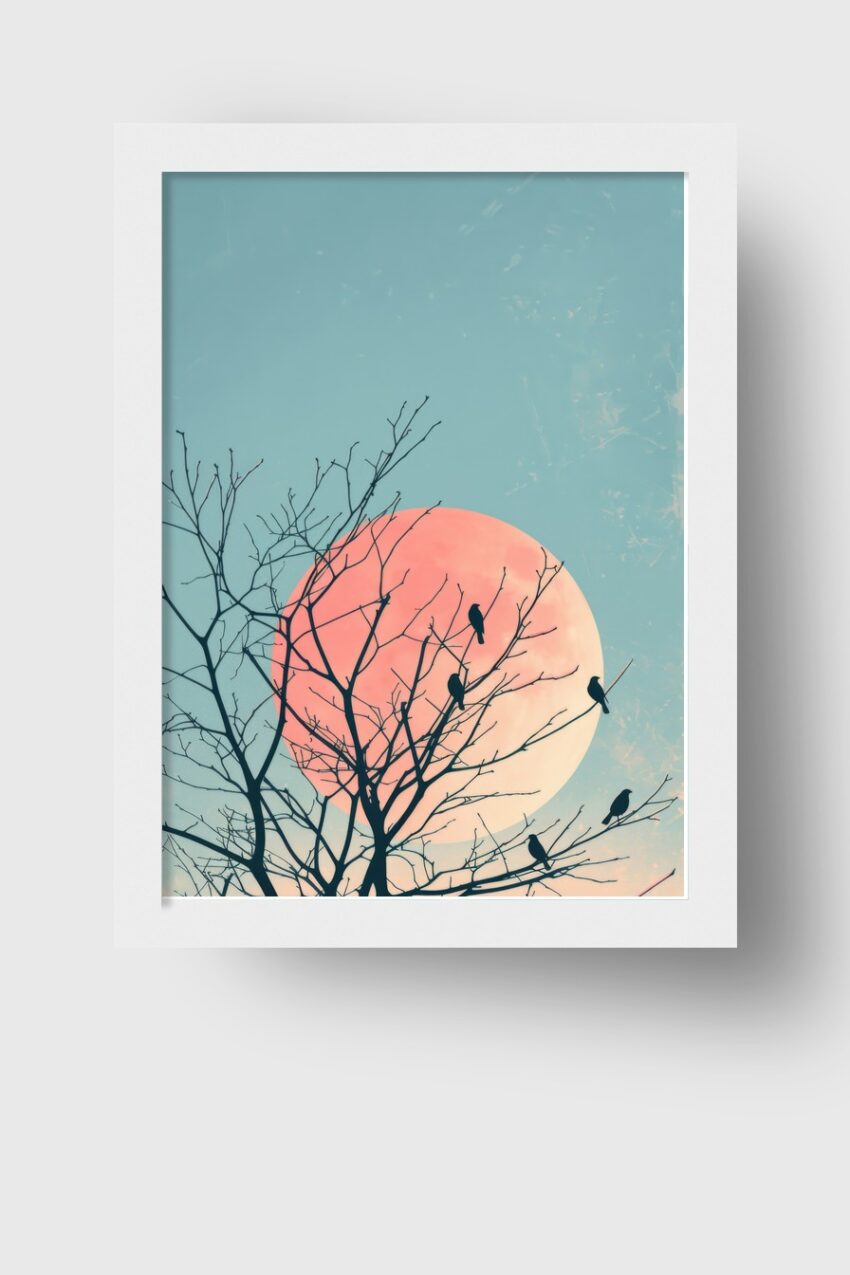 Fotografie Poster Vögel Zweige Vollmond rot Abend