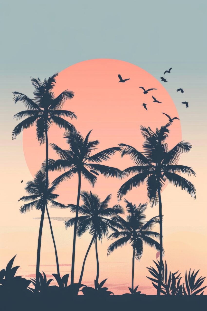 Illustration Poster Palmen Silhouette Sonne orange