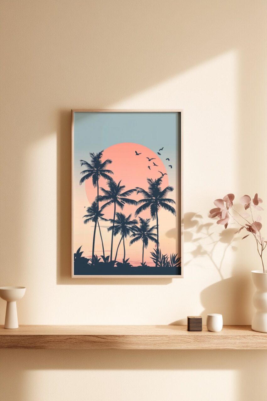 Illustration Poster Palmen Silhouette Sonne orange