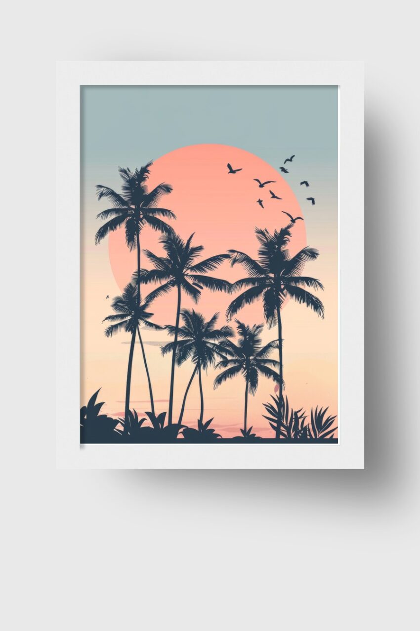 Illustration Poster Palmen Silhouette Sonne orange