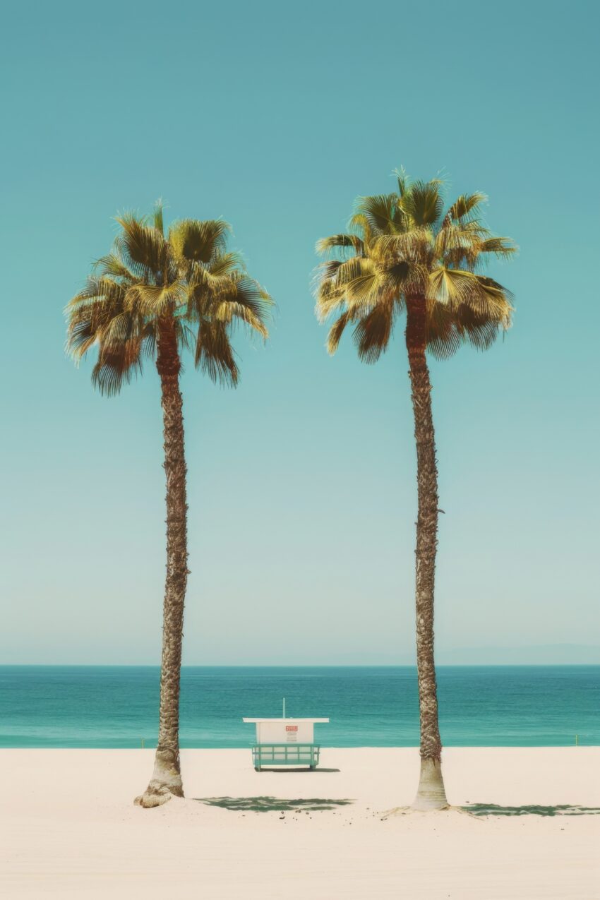 Fotografie Poster Palmen Strand Rettungsturm minimal blau