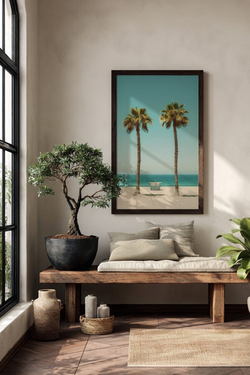 Fotografie Poster Palmen Strand Rettungsturm minimal blau