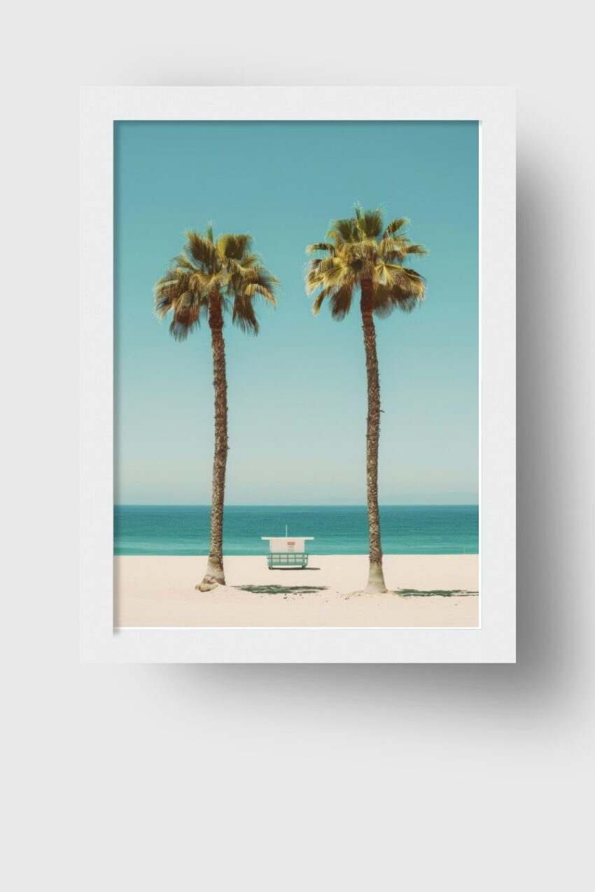Fotografie Poster Palmen Strand Rettungsturm minimal blau