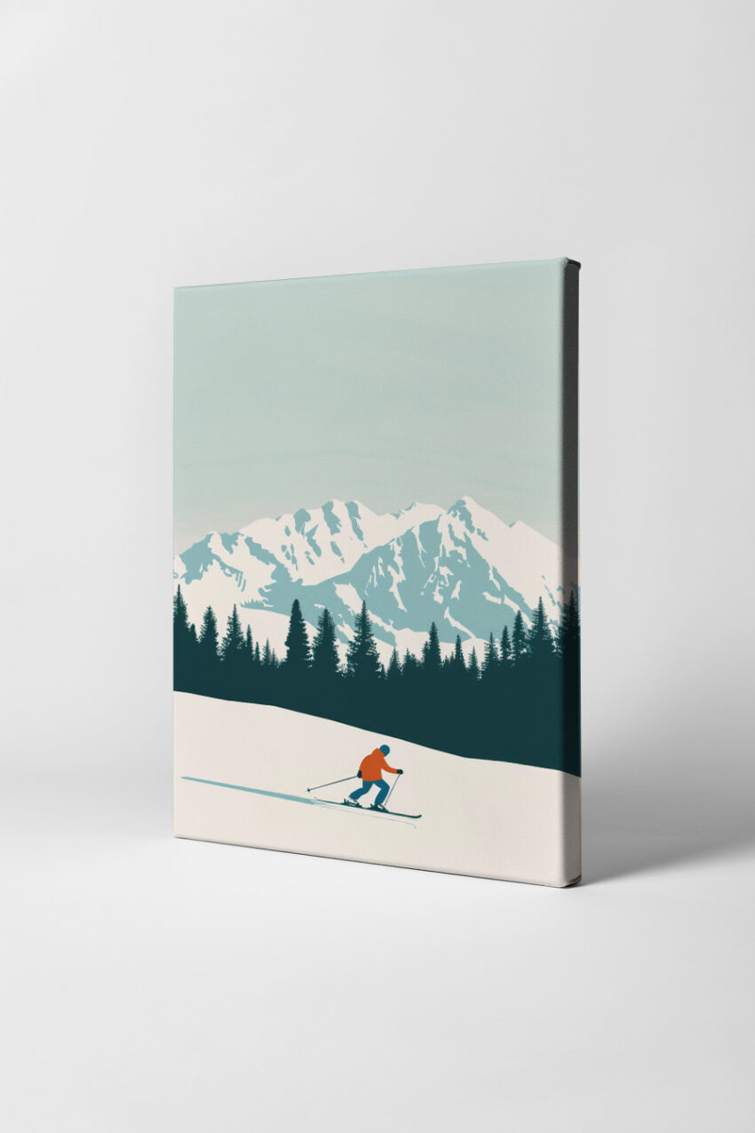 Illustration Poster Skifahrer Bergpanorama ruhig weiß blau orange