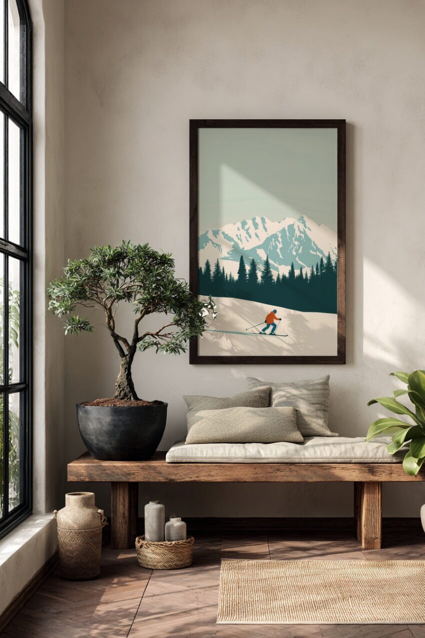 Illustration Poster Skifahrer Bergpanorama ruhig weiß blau orange