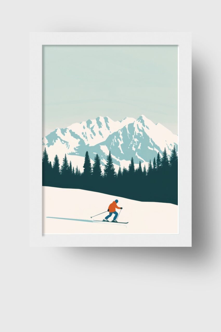 Illustration Poster Skifahrer Bergpanorama ruhig weiß blau orange