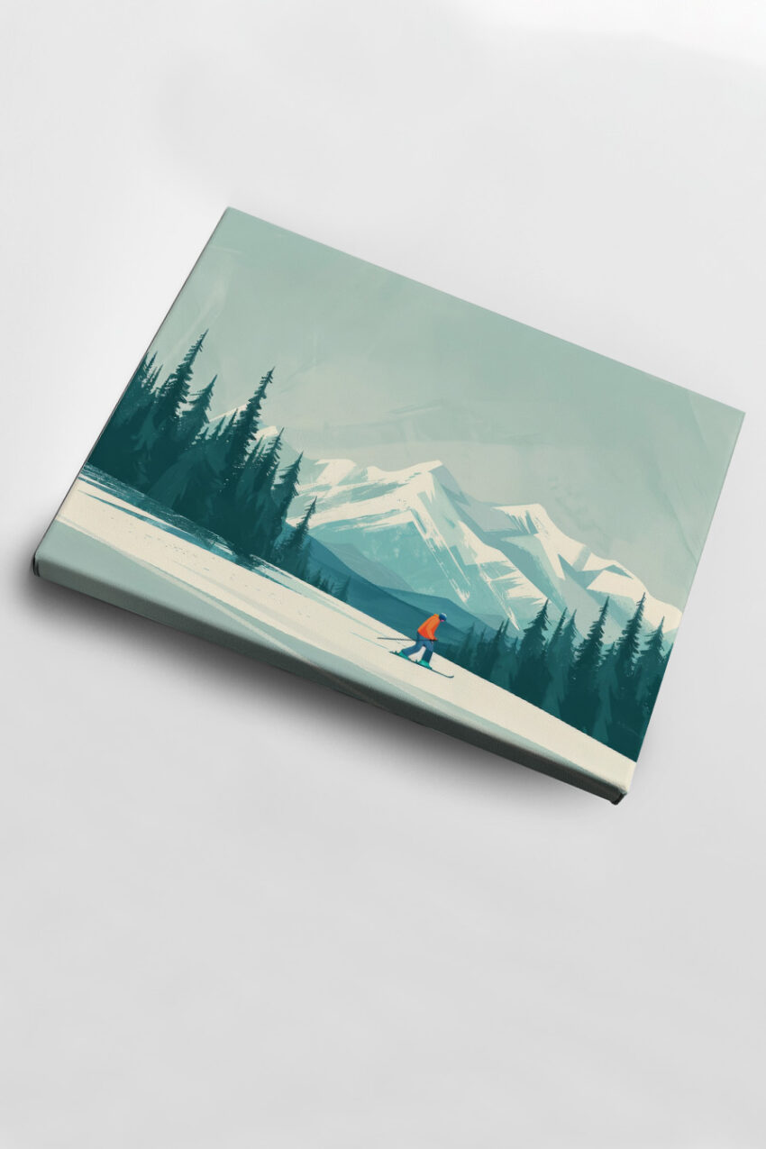 Illustration Poster Skifahrer Berge Schnee Winterlandschaft