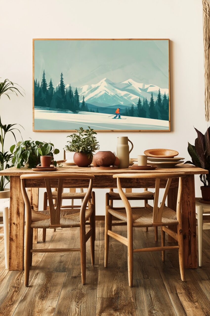 Illustration Poster Skifahrer Berge Schnee Winterlandschaft