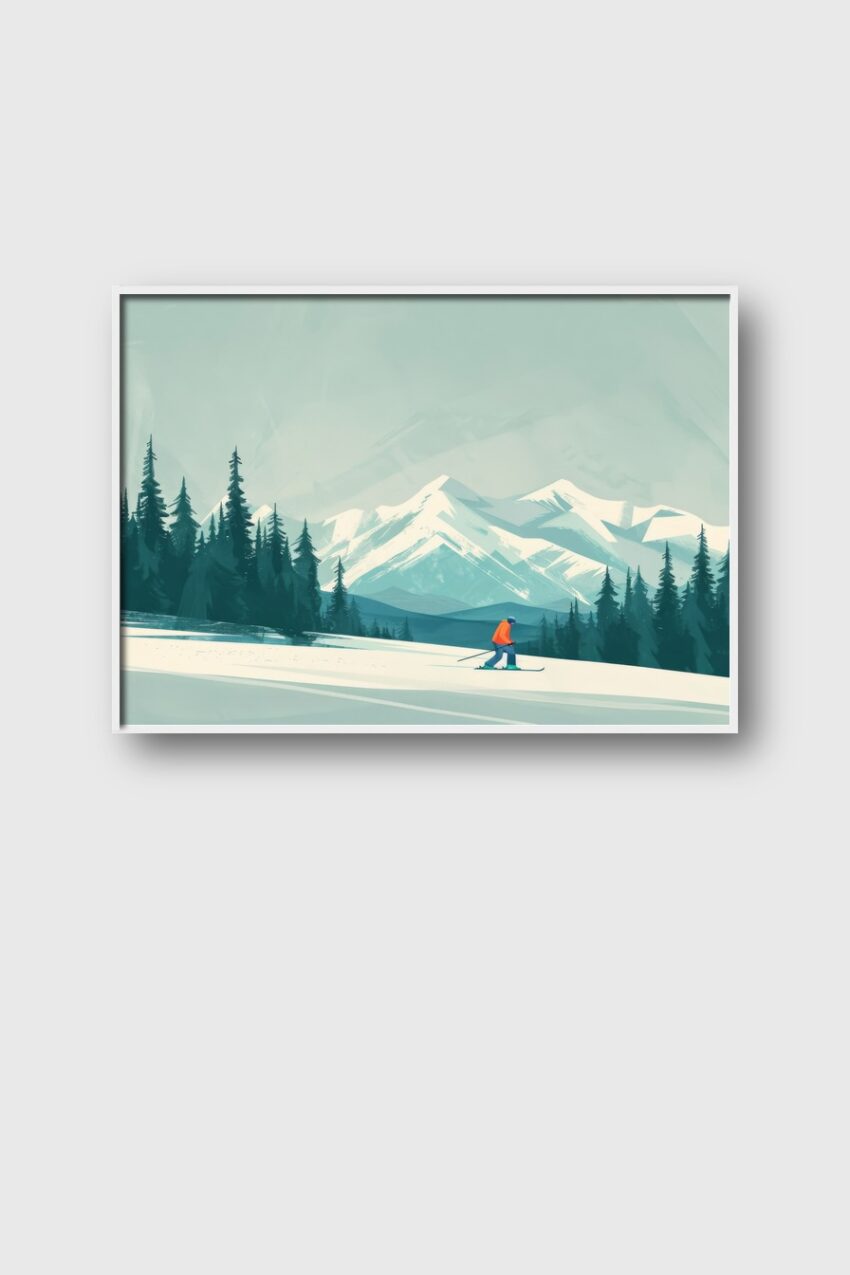 Illustration Poster Skifahrer Berge Schnee Winterlandschaft