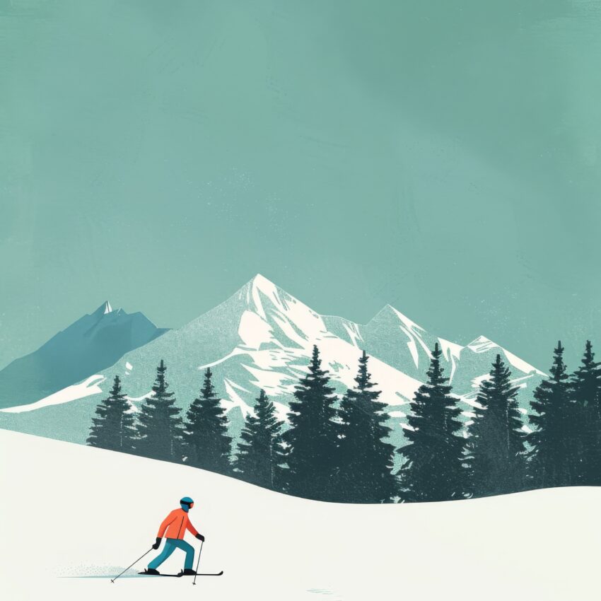 Illustration Poster Skifahrer Alpen winterlich weiß blau
