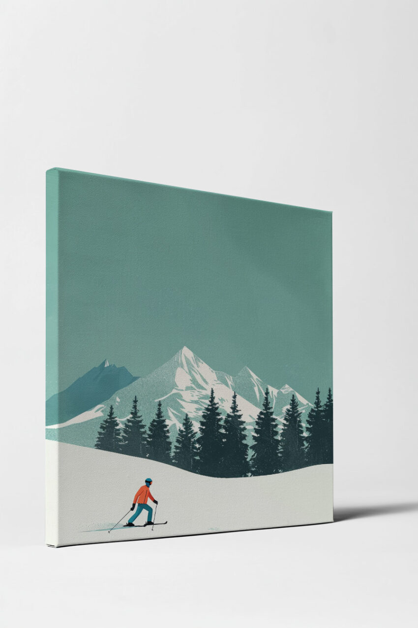 Illustration Poster Skifahrer Alpen winterlich weiß blau