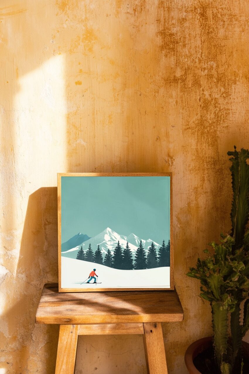 Illustration Poster Skifahrer Alpen winterlich weiß blau