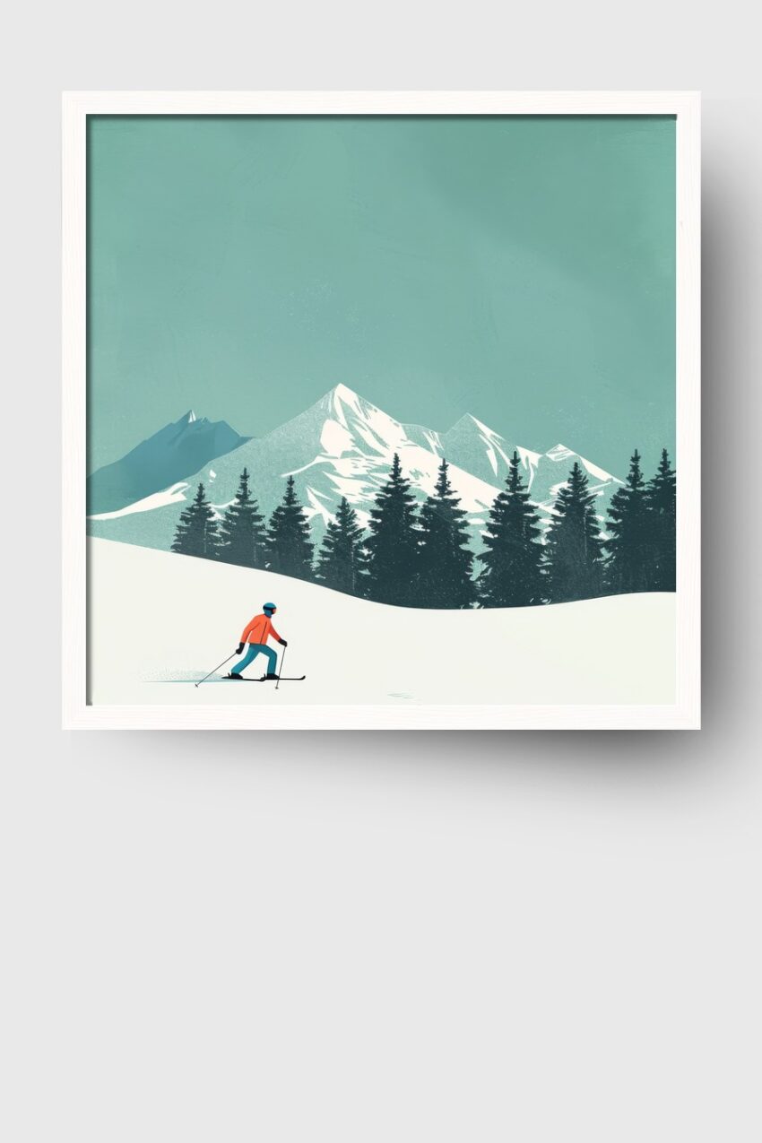 Illustration Poster Skifahrer Alpen winterlich weiß blau