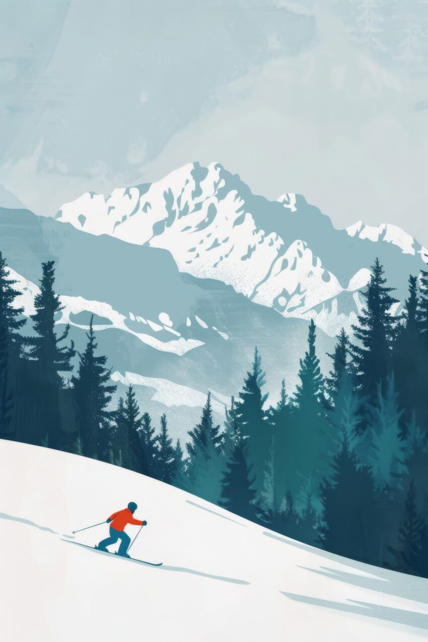 Illustration Poster Skifahrer Berg Schnee Minimal Blau