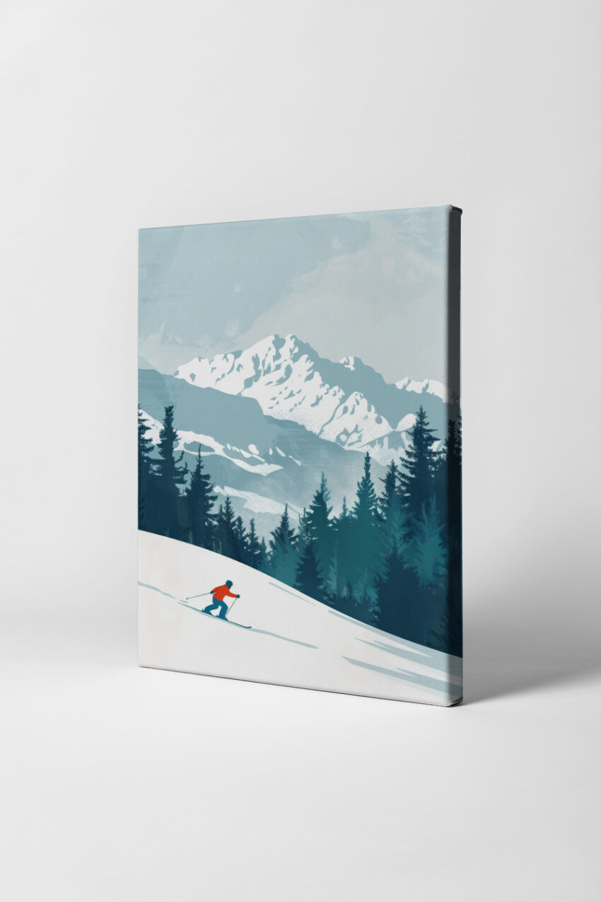 Illustration Poster Skifahrer Berg Schnee Minimal Blau