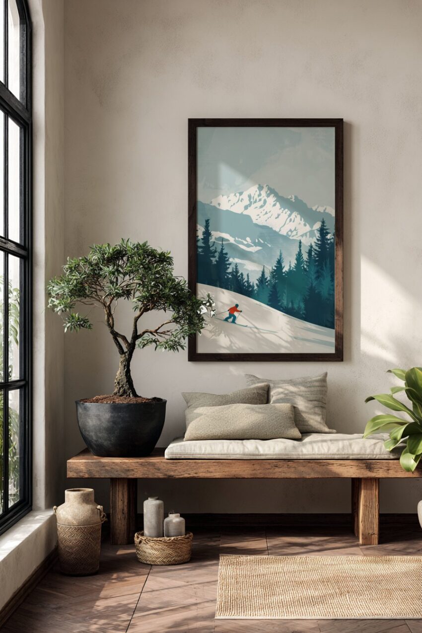 Illustration Poster Skifahrer Berg Schnee Minimal Blau