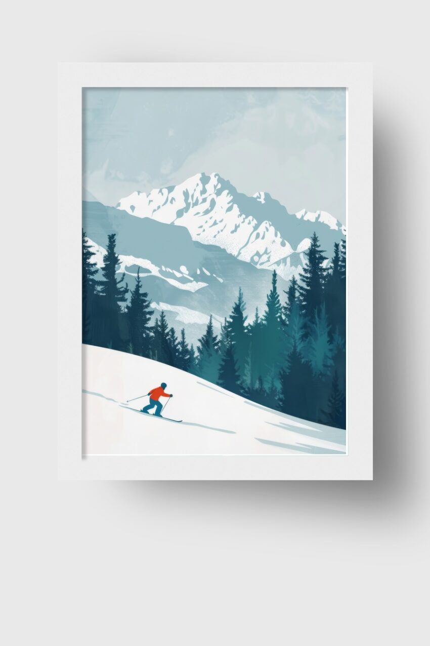 Illustration Poster Skifahrer Berg Schnee Minimal Blau