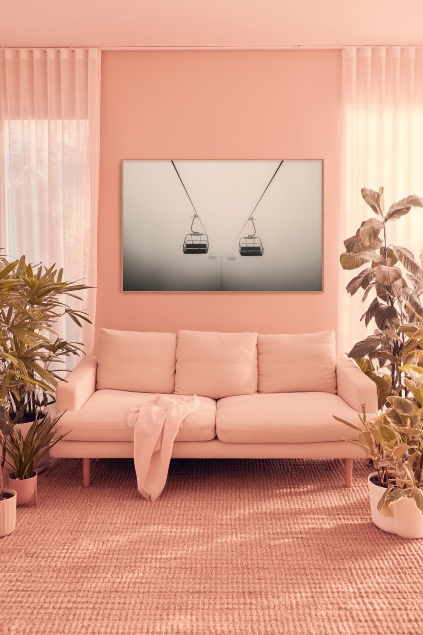 Fotografie Poster Skilift Nebel schwarz-weiß minimalistisch