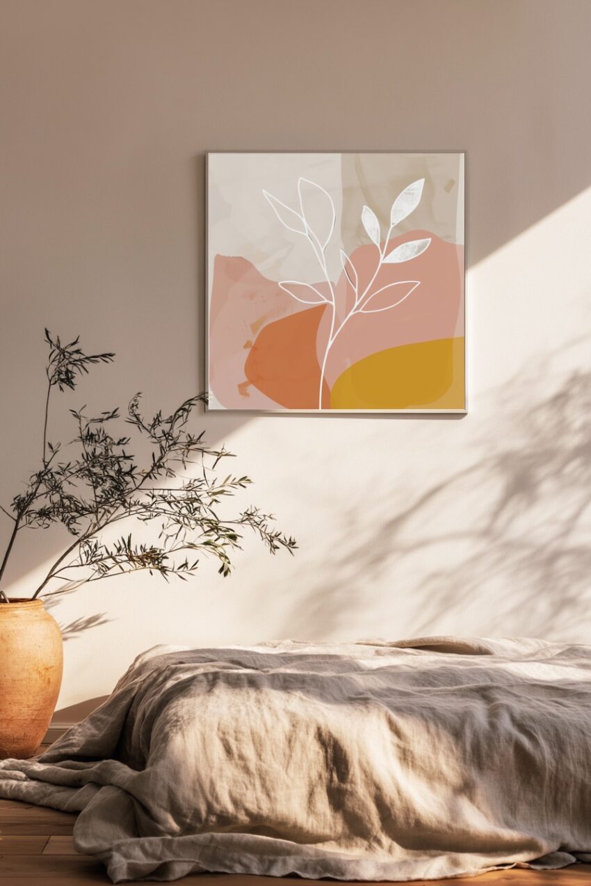 Grafikdesign Poster Zweig weiß minimalistisch beige rosa ocker