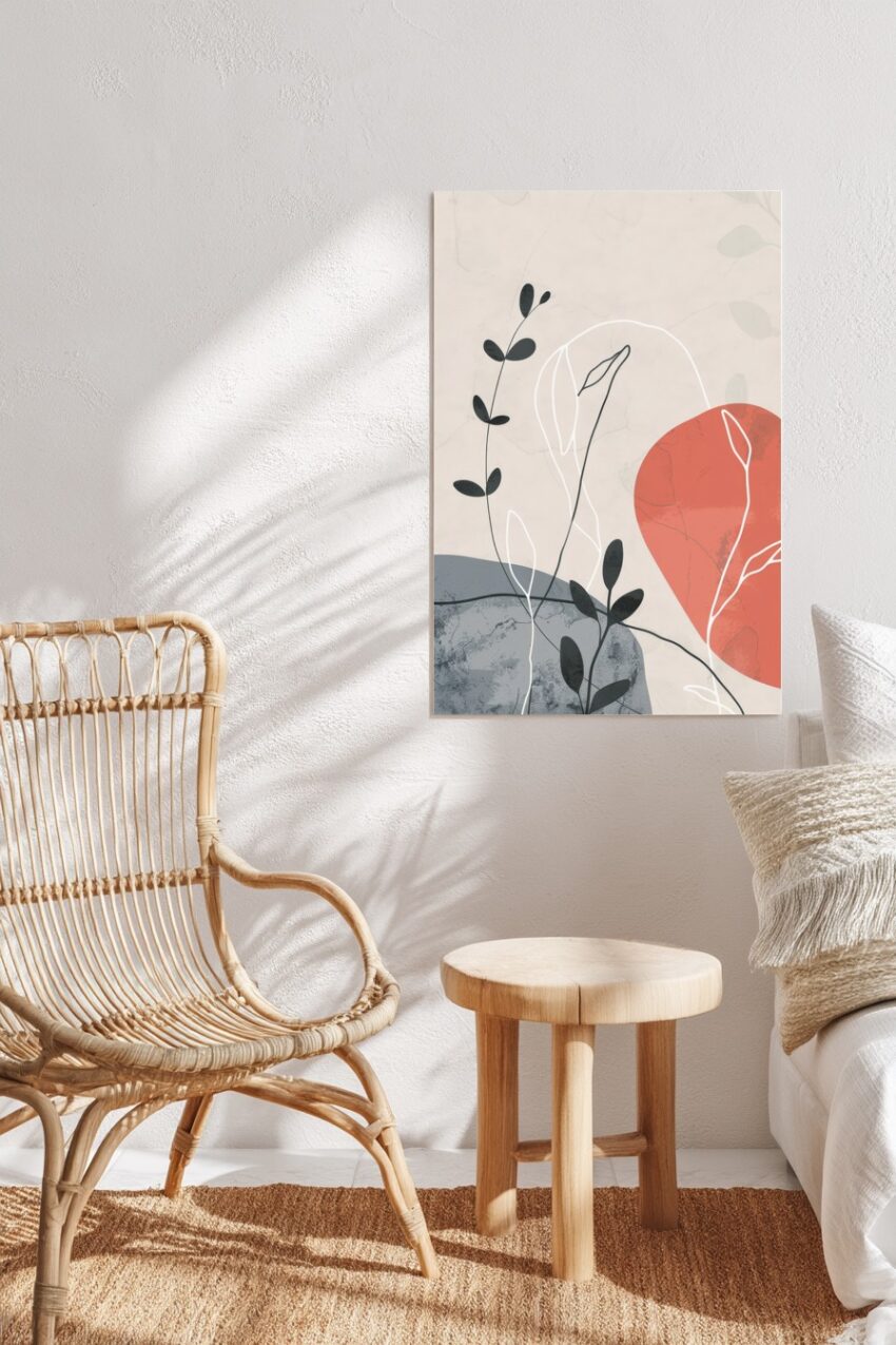 Abstrakt Poster Pflanzen minimalistisch zarte Linien rot grau