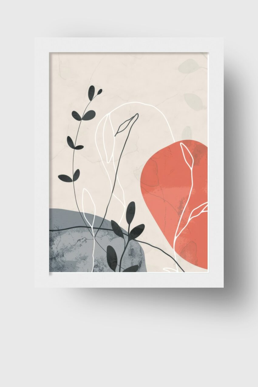 Abstrakt Poster Pflanzen minimalistisch zarte Linien rot grau