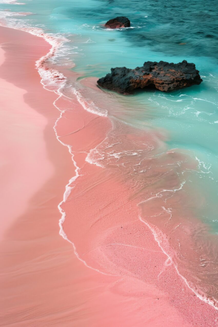 Fotografie Poster Strand Felsen rosa Sand blaues Wasser