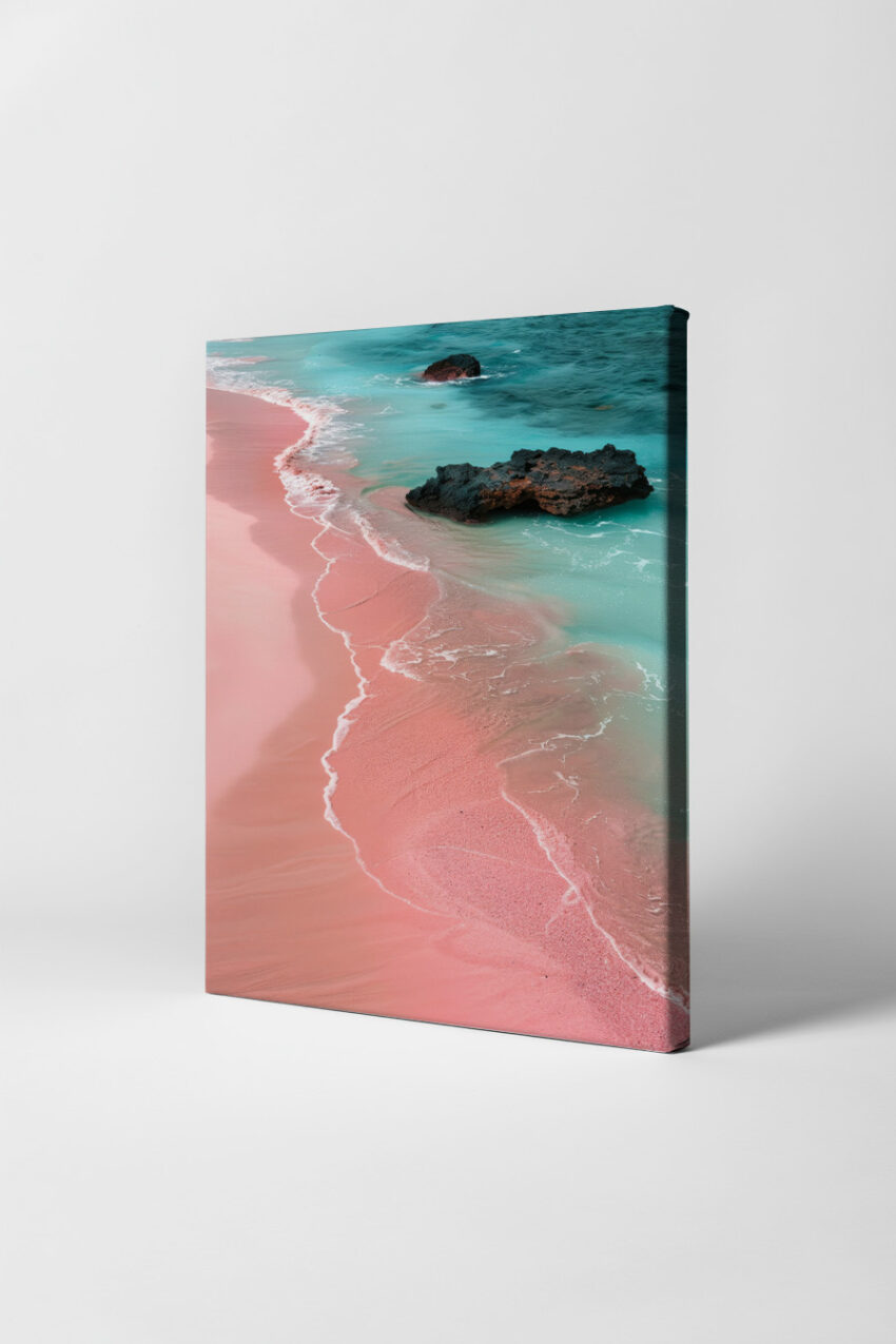 Fotografie Poster Strand Felsen rosa Sand blaues Wasser