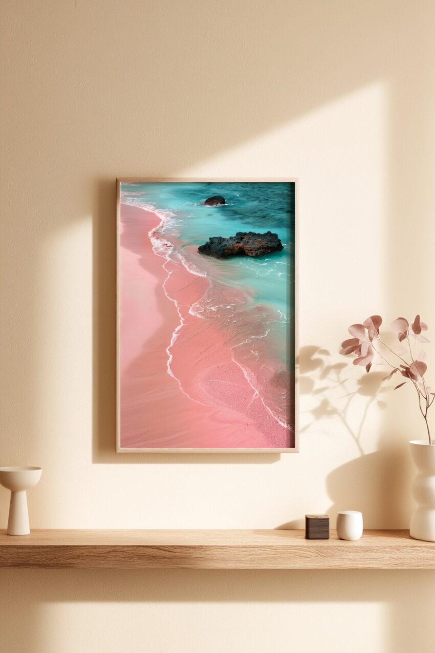 Fotografie Poster Strand Felsen rosa Sand blaues Wasser