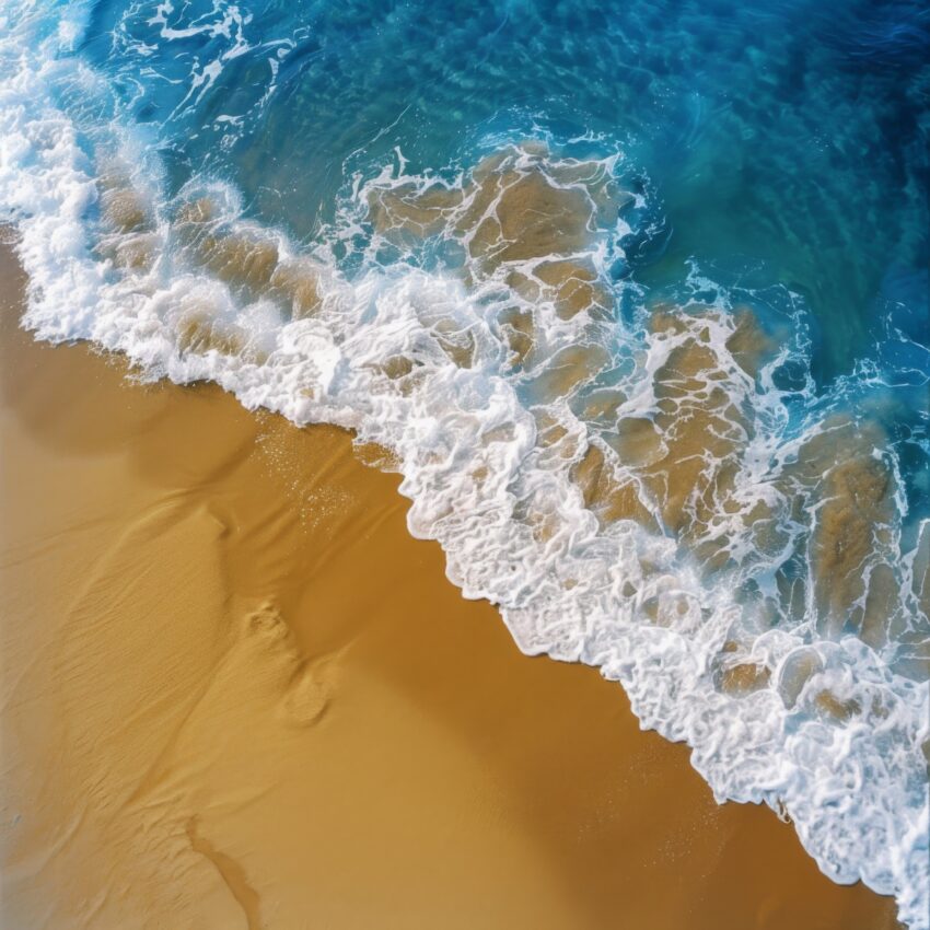 Fotografie Poster Meerufer Wellen blau weiß sand
