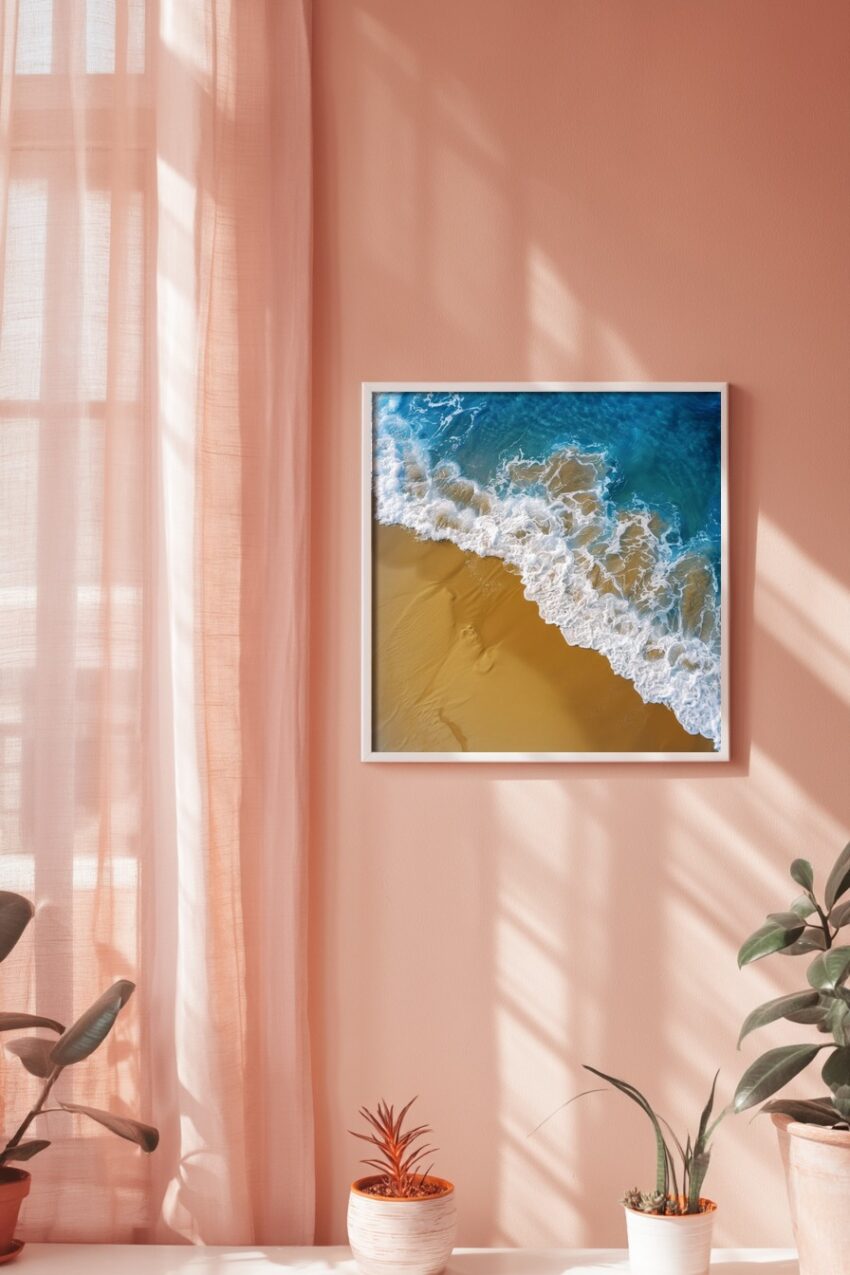 Fotografie Poster Meerufer Wellen blau weiß sand