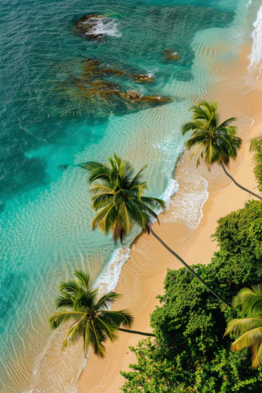 Fotografie Poster Palme Strand tropisch blau grün sand